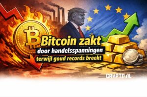 Bitcoin zakt door handelsspanningen terwijl goud records breekt