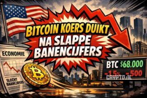 Bitcoin koers zakt richting $68.000 na teleurstellende Amerikaanse banen­cijfers