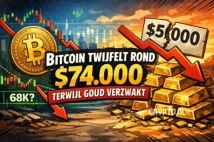 Bitcoin koers twijfelt rond $74.000 terwijl goud verzwakt