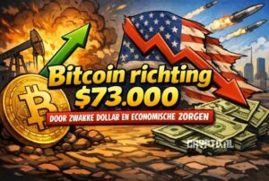 Bitcoin koers stijgt richting $73.000 door zwakke dollar en economische zorgen