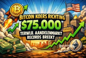 Bitcoin koers richting $75.000 terwijl aandelenmarkt records breekt