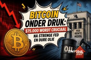 Bitcoin koers onder druk: $75.000 wordt cruciaal na strenge Fed en dure olie